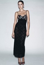 ZARA LACE EMBROIDERED SEMI-SHEER LONG DRESS SIZE M BLACK | 5070/453