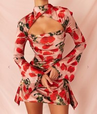 HOUSE OF CB TOIRA BLUSH PINK & RED ROSE PRINT DRAPED CORSET DRESS XS 6/8 £169