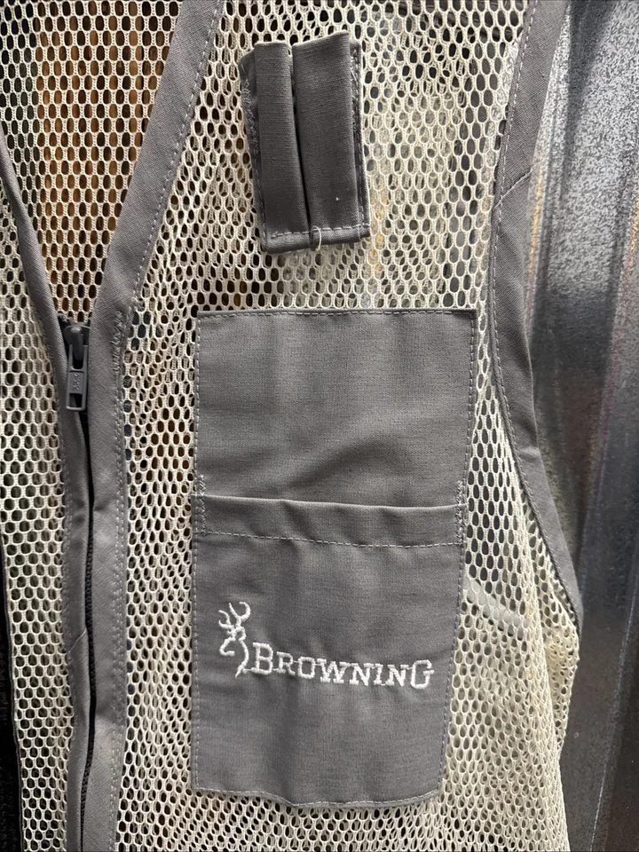 Vintage Browning Shooting Vest Leather Padded Shoulder Mesh Gray Size L 44 USA - Image 2 of 4