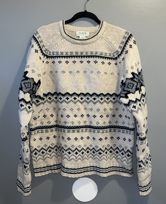 J.Crew 100% Lambs Wool Pullover Sweater Womens Mens L Beige Fair Isle Crewneck
