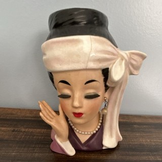Inarco Very Rare 1964 Ceramic Woman Head Bust Planter Black Hair large bow