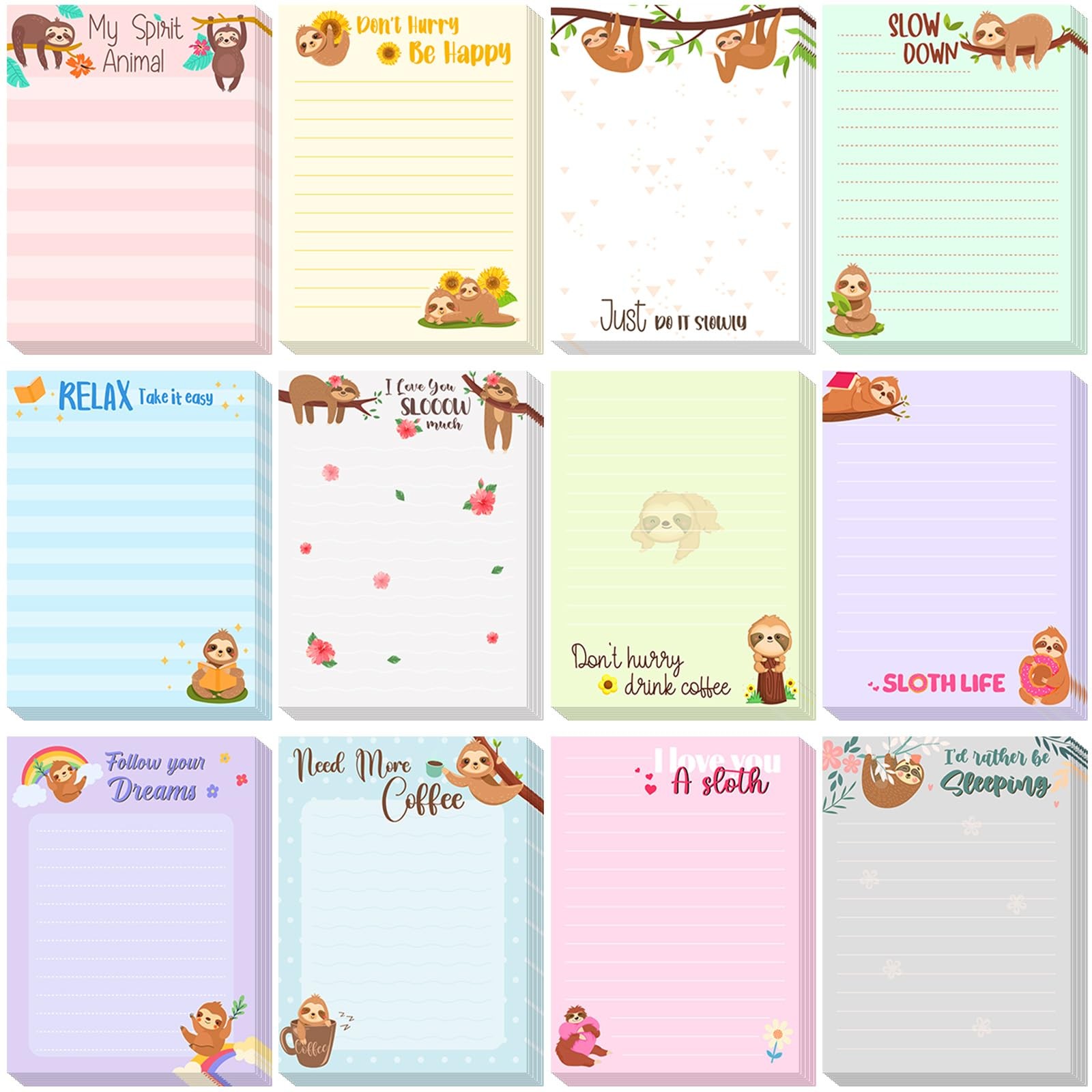 Chiisong 12 Pcs Sloth Sticky Notes Cute Cartoon 3x4 inches, Classic