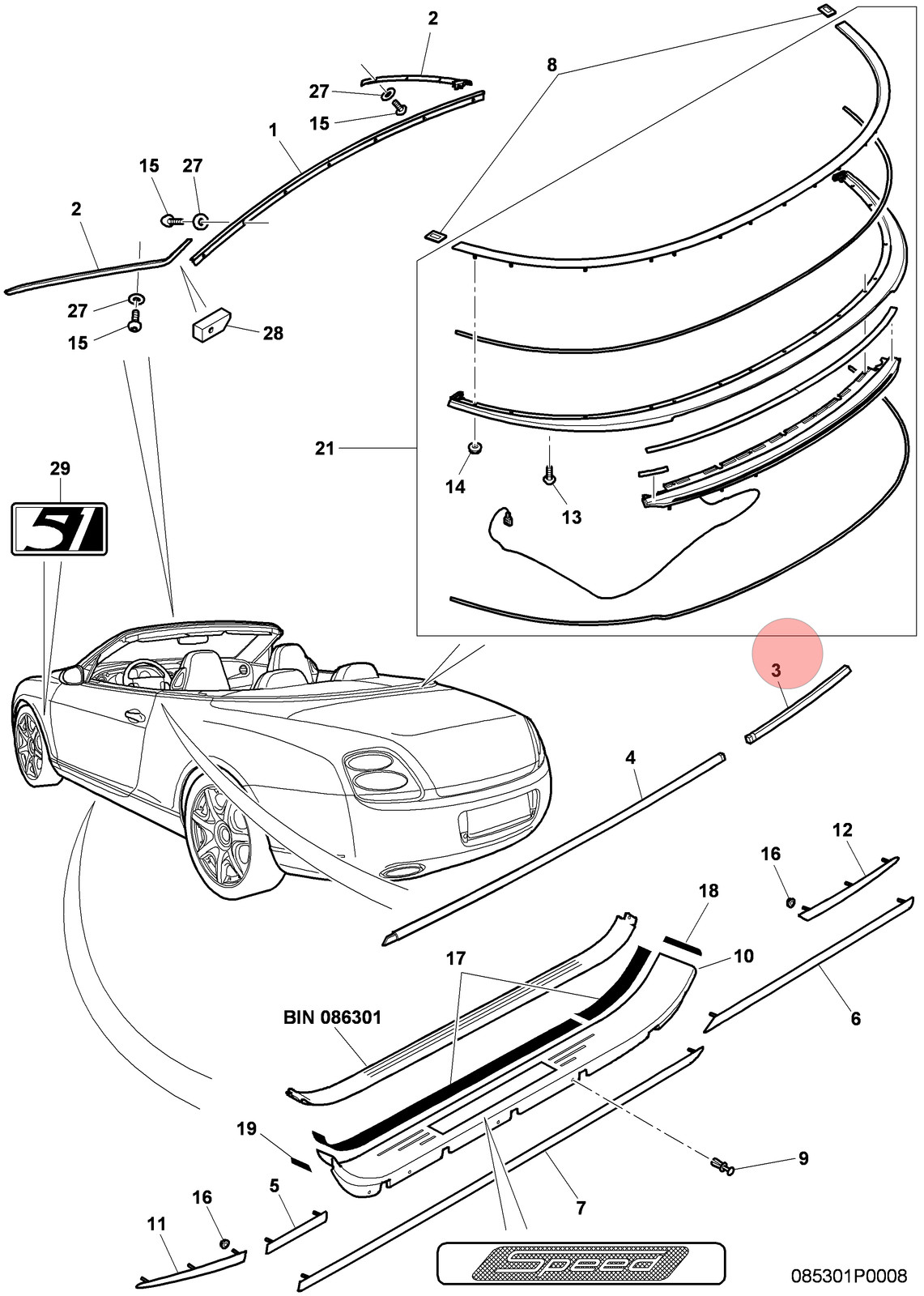 07-11 BENTLEY CONTINENTAL GTC REAR LEFT WINDOW WEATHER MOLDING TRIM OEM