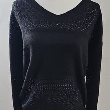 Black Openwork Knit V-Neck Pullover Sweater Long Sleeve Women Medium