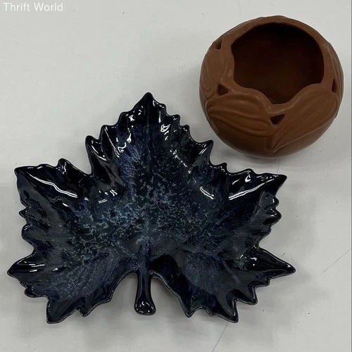 Vintage Van Briggle Pottery Lot Leaf Dish & Bowl Ming Blue Art Pottery