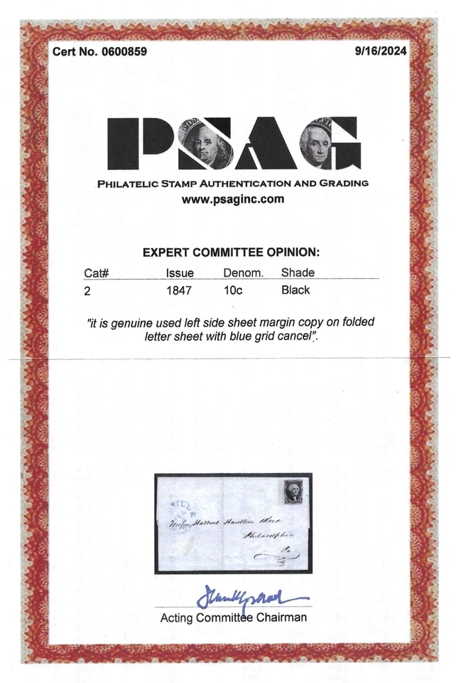 EAS_STAMPS US #2 USED UVF COVER LETTER BLUE GRID ON FOLDED LETTER SCV $1,500.00 - Image 3 of 3