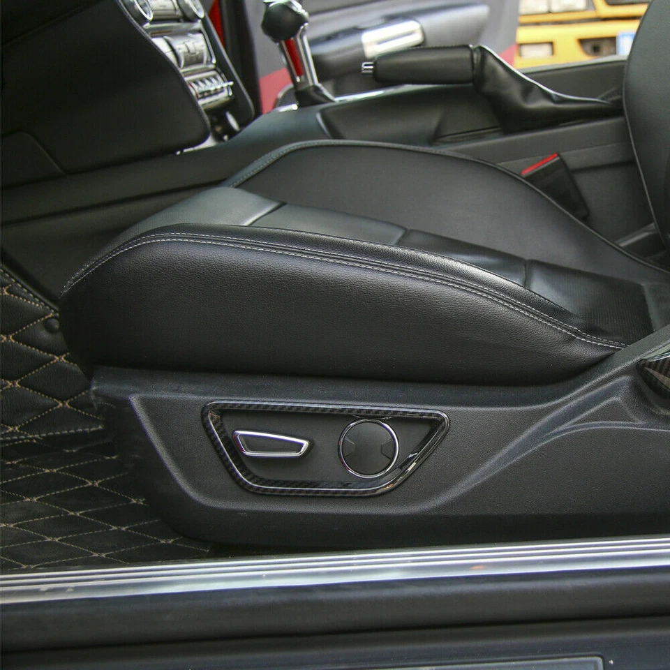 2x Borde de anillo de botón de ajuste de asiento interior de fibra de carbono para Ford Mustang 2015+ Foto 2 de 4