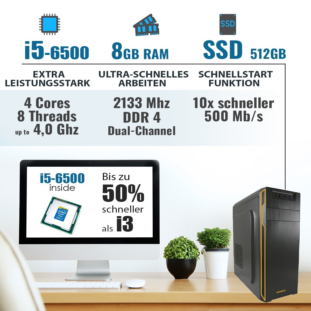 schneller WIN 11 PRO PC für Home Office Computer i5 4,0GHz 8GB RAM 512GB SSD
