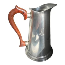 Vtg  STIEFF PEWTER WOOD-HANDLED WATER PITCHER Monogramed “M” SERVE KITCHEN