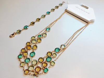 New GLORIA VANDERBILT NECKLACE & BRACELET Gold Tone Bezel Faux Crystal 3 Strand