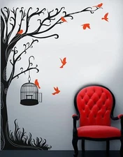 Swirly Tree with Bird Cage Wall Decal Sticker. #6148
