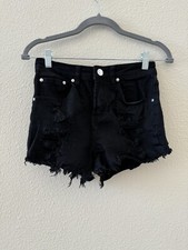Almost Famous Shorts Womens Size 3 Cut Off Denim Destroyed Embossed Pocket Black