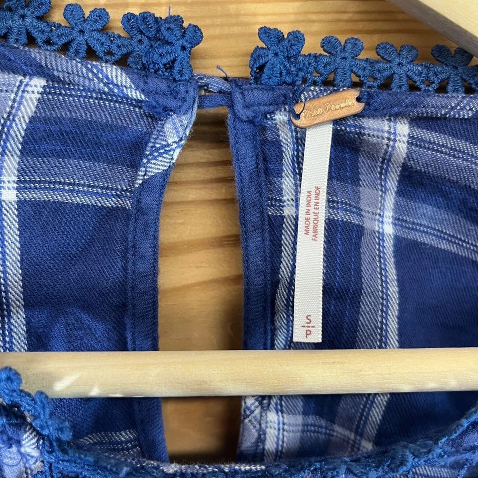 Free People Shirt Small Darling Diana Blue Plaid Tartan Lace Balloon Sleeve B171 — 第 3/4 张图片