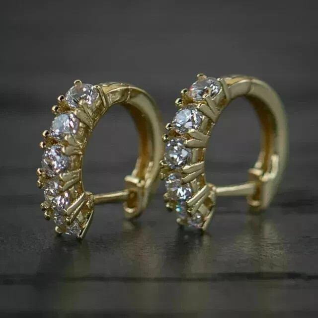1.80 Carat Round Moissanite Hoop Huggie Earrings in 14k Gold Plated  