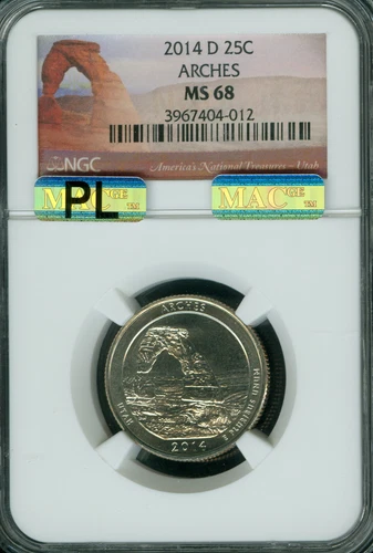 2014 D ARCHES QUARTER NGC MS68 PQ MAC PL & FINEST GRADE MAC SPOTLESS . 