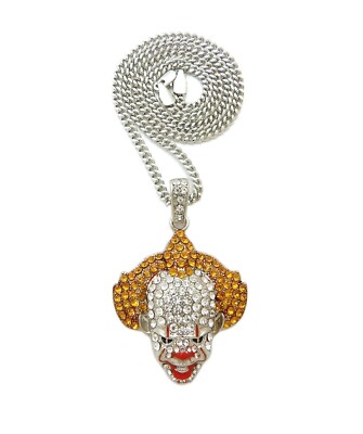 Silver PT Iced PENNYWISE Pendant 18'' ~ 24'' Cuban Rope Box Chain Hip Hop Necklace
