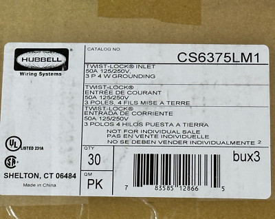 Case of 30x - Hubbell 50A CS-6375L / 3P / 4W / 125/250V Male Twist Lock Inlet