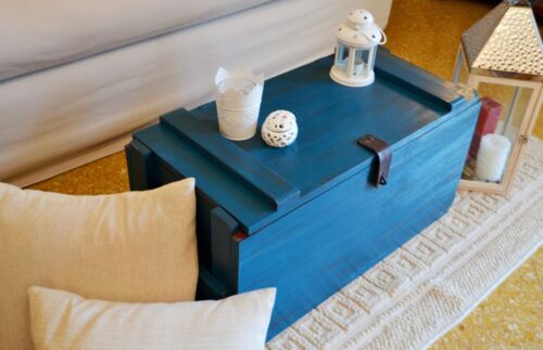 Cassapanca in legno Massello Baule Vintage stile Cassa Contenitore Militare Blu - Foto 17 di 18