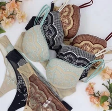 Bra/Panties Lace Plungle Set Sexy Lingerie Set 32B Beige&Mint
