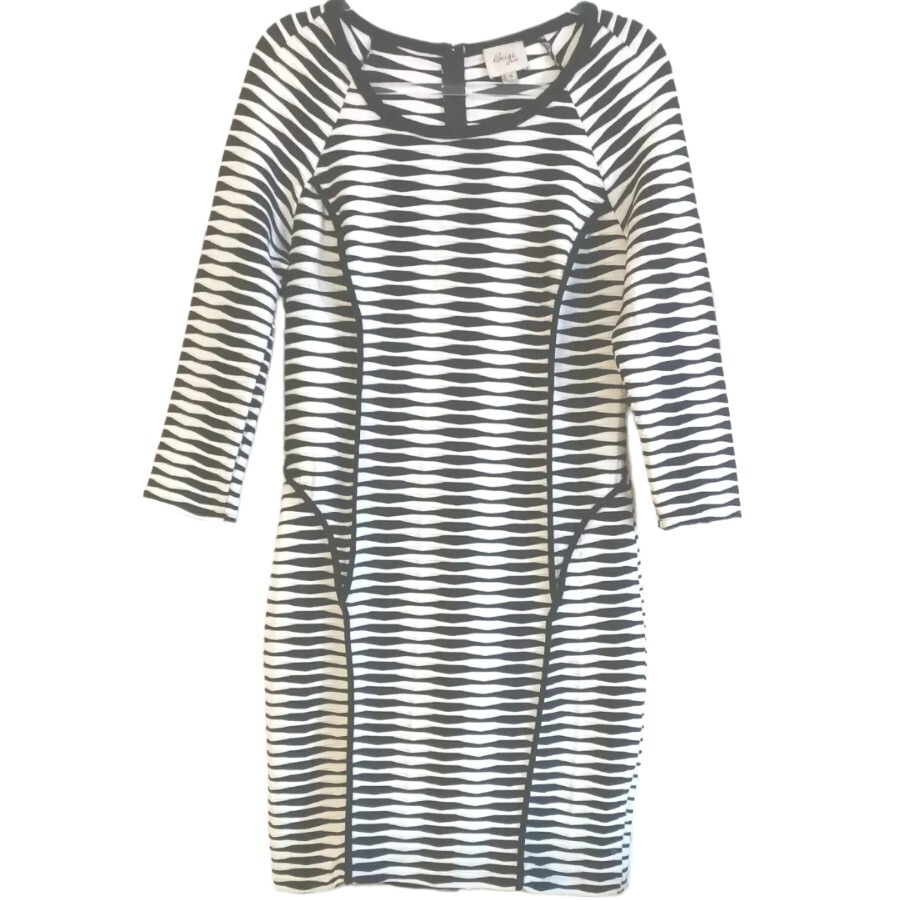 Beige by Eci Dress Womens 10 Black White Bodycon Stretch 3/4 Sleeve Knee  Length