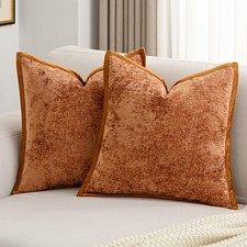 Rust Chenille Throw Pillow Covers 18x18 Inch Set of 2,Soft Cozy Bound Edge De...