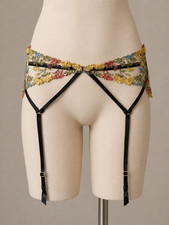 VICTORIA SECRET MULTI EMBROIDERY GARTER Floral Pink Yellow Black M/L $49 NWT