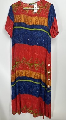Vintage La Cera Rayon Artsy Maxi Dress Sz M NWT Side Buttons