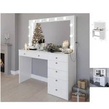 Serena Vanity with Glass Top & Crystal Knobs - 7 Drawer Makeup Station in White