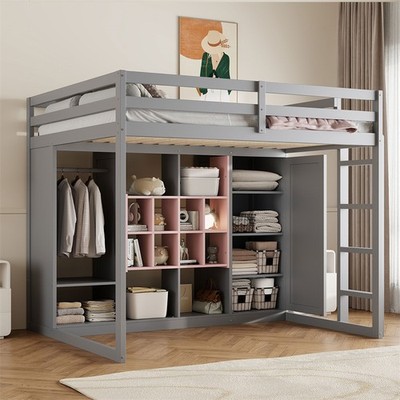 Full Size Wood Loft Bed with Open Wardrobe,Storage Shelves &Closed Cabinet,Gray