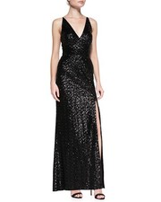 Aidan by Aidan Mattox Sleeveless Sequined Mesh-Back Gown Sz 6 Black