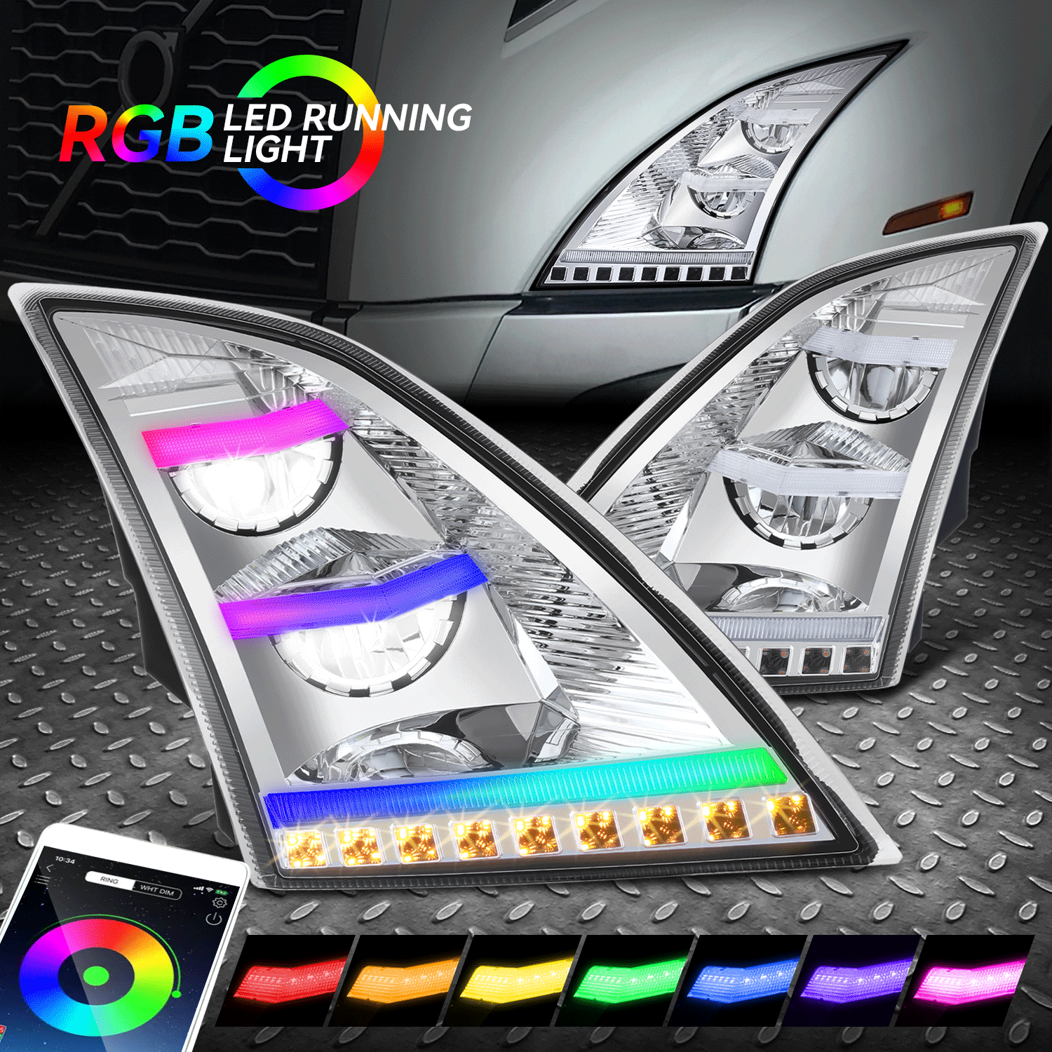 Tri RGB LED DRL & Switchback Signals for 18-24 Volvo VNL VNR Chrome Headlights