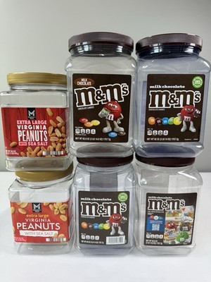 EMPTY 4-62 Oz M&M's 2-34.5 Oz Peanut Plastic Containers With Lids-Lot of Six