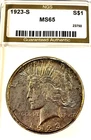 1923-S Peace Silver Dollar – Graded MS65 – San Francisco Mint – Stunning