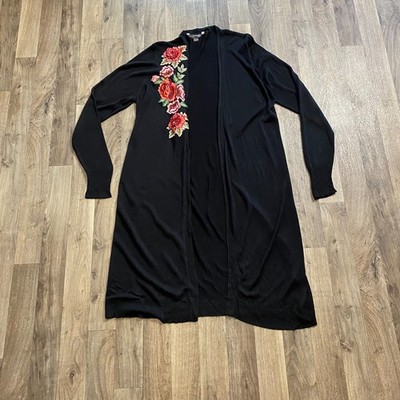 Valerie Stevens Black Duster Lightweight Rose Embroidery Size Large