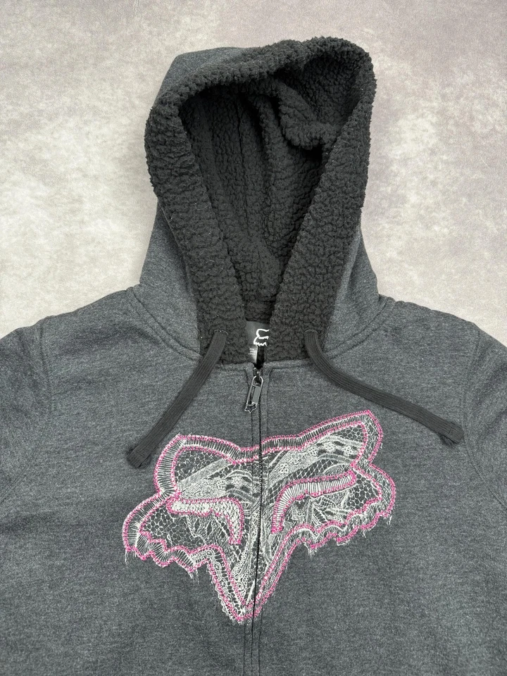 Fox Racing Hoodie Womens XL Gray Full Zip Sherpa Lined Lace Logo Pockets Warm - Image 2 of 4