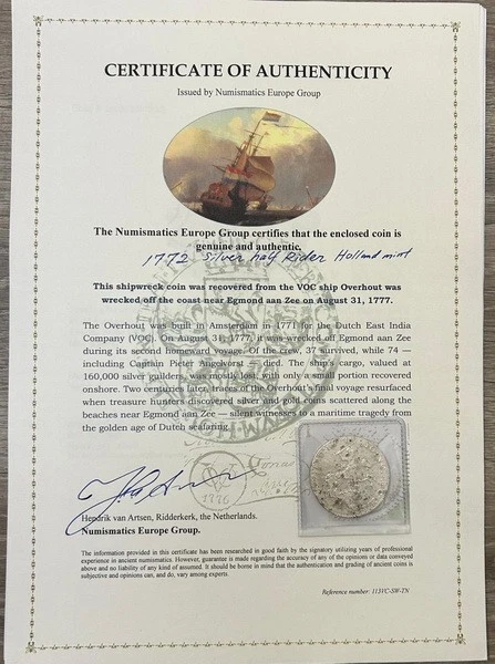 Shipwreck Salvage COA 1772 Silver Rider ½ Ducaton Holland VOC ship Overhout 1777 - Image 4 of 4