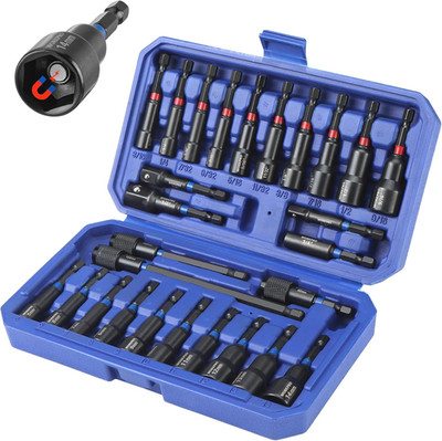 27 PCS Magnetic Nut Driver Set, Impact Drill Driver Bit 1/4'' Hex Shank, SAE & Me
