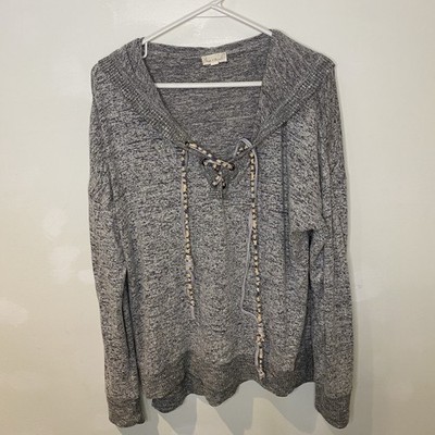 Hem & Thread Women s Heather Grey Hooded Sweatshirt- lace up front detail Large