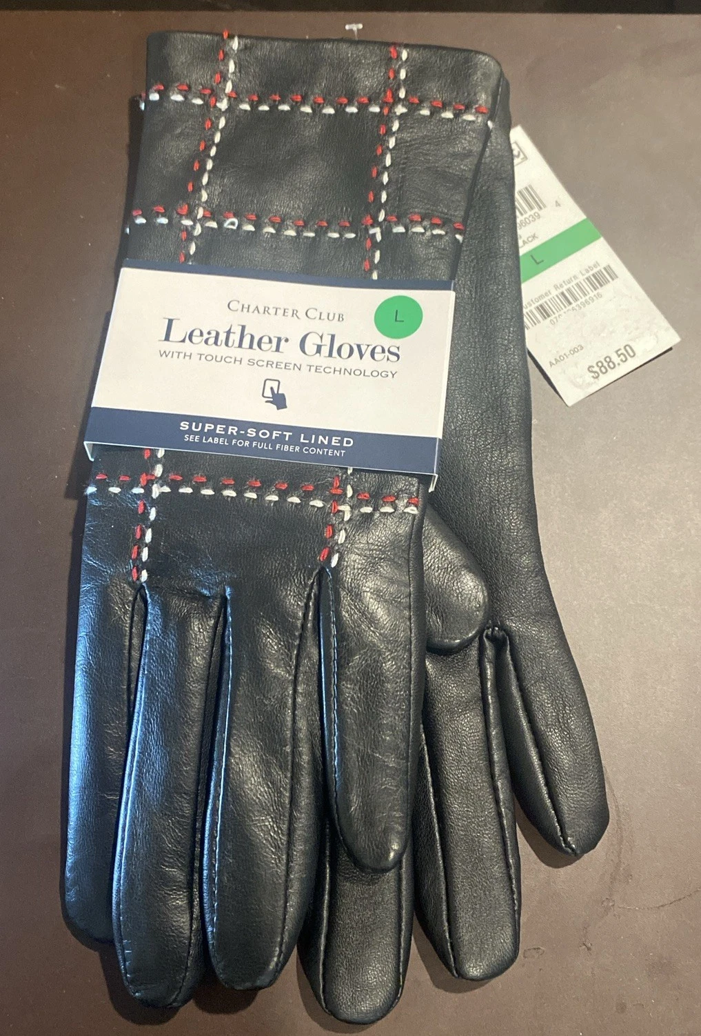 Charter Club Women's Plaid Topstitch Leather Gloves Size Large