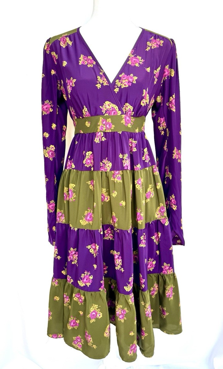 betsey johnson green floral dress Silk Purple Roses Tiered Ruffle Maxi Coquette Slate Blue