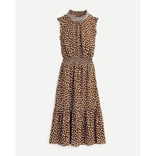 J. Crew Polka Dot Sleeveless Smocked-Waist A-Line Midi Dress Brown White Medium