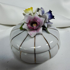 Vintage Japan Porcelain Powder Jar Trinket Box 3D Floral Lid Gold Pinstripe