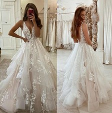 Beach Wedding Dresses A Line V-Neck Backless Ruffles Lace Appliques Bridal Gowns
