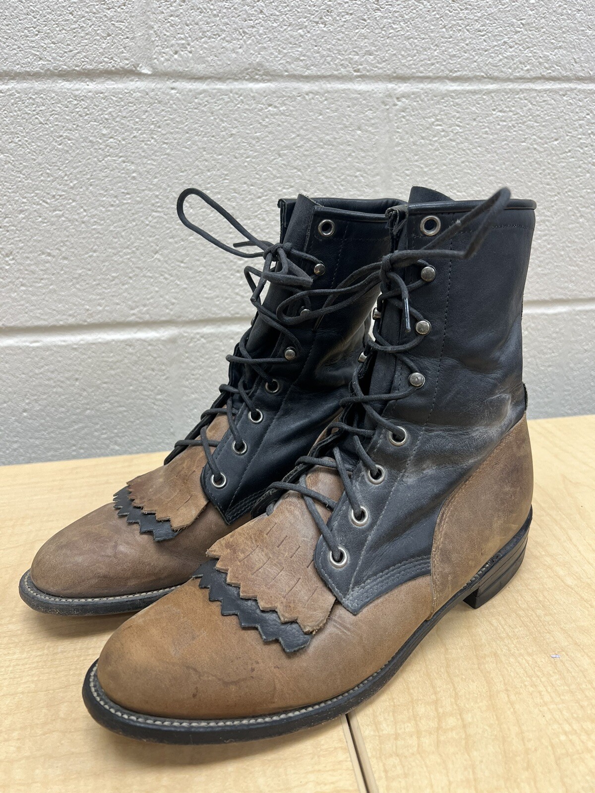 Womens Justin Leather Kiltie Lace Up Black Tan Boots Cowboy Ranch Sz 7 B 7B