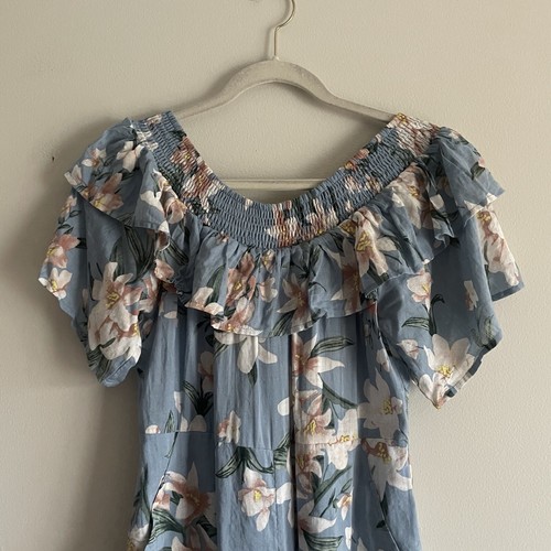 Loveriche Women SZ L Blue Floral Off Shoulder Ruffle Top Wide Leg Jumpsuit NWT - Picture 4 of 12