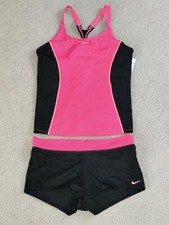 Nike Racerback Tankini Swimsuit Set Boy Shorts Pink Black NESS9363-672 Wmns Med