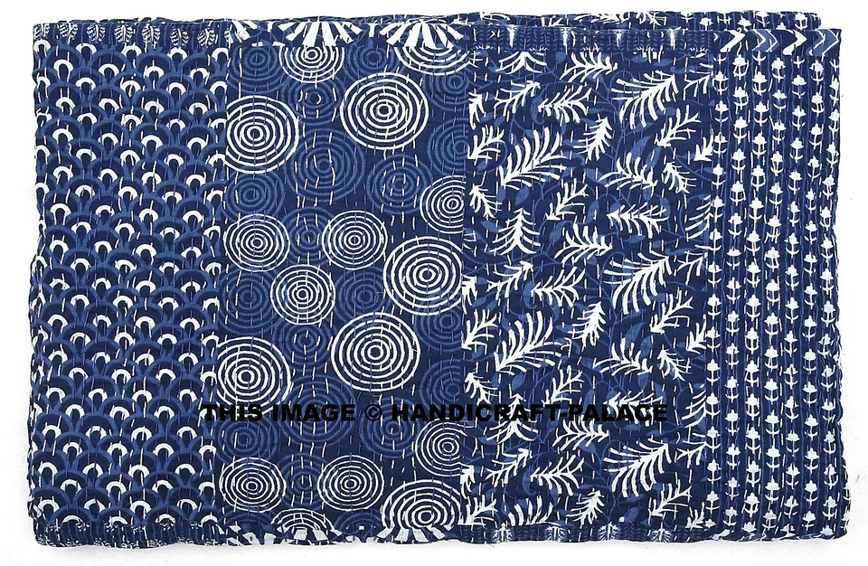Funda de cama Kantha de algodón con estampado de bloques azul índigo retazos colcha edredón Foto 2 de 3