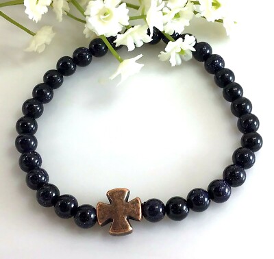 Blue Goldstone beaded stretch boho bracelet with cross pendant 6mm beads