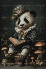 BOOKISH PANDA BEAR ART PRINT, Cottagecore Vintage Style Decor, Fantasy Poster