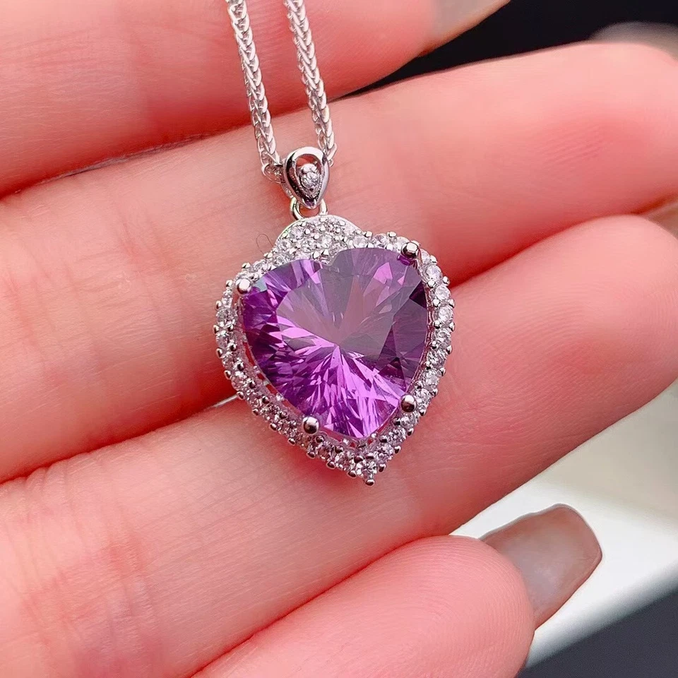Nuevo Precioso Corazón Dije Púrpura Amatista Piedras Preciosas Mujeres Plata Dije Collares Foto 2 de 4